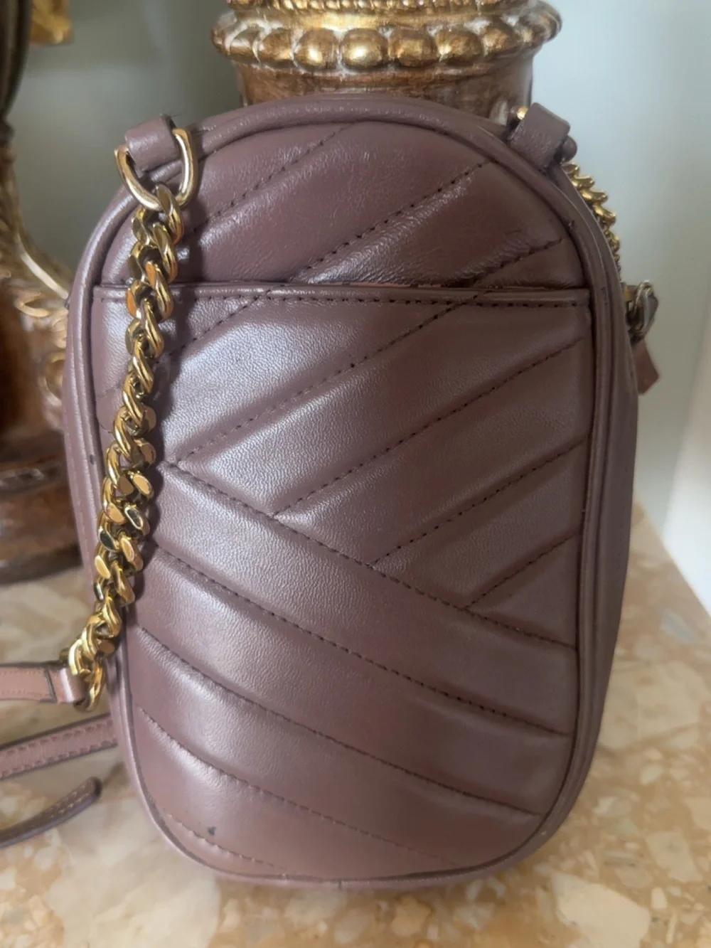 Tory Burch Taupe Quilted Leather Crossbody Phone Pouch with Gold Logo